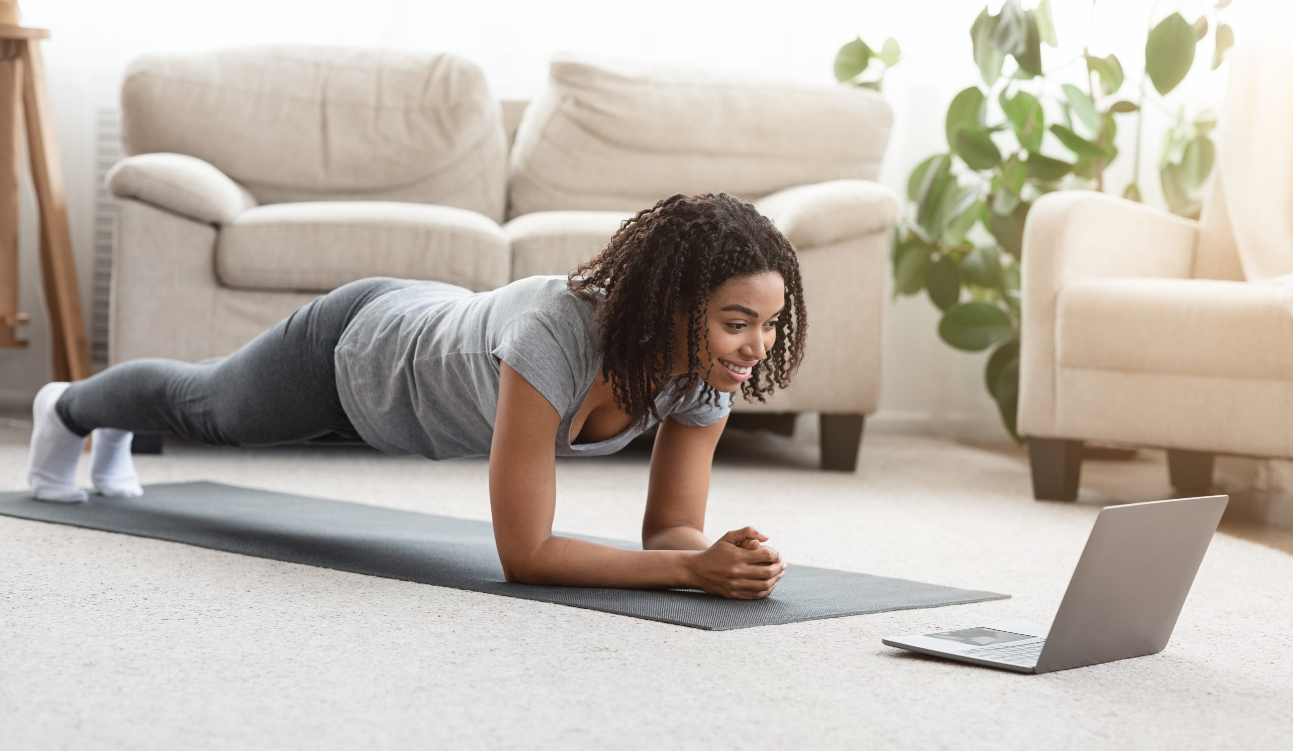 Training,At,Home.,Fit,Black,Woman,Doing,Yoga,Plank,While